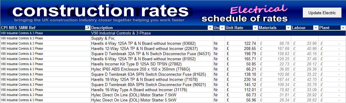 UK Schedule of Rates for Electrical Works Measurement screenshot